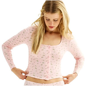 Pink Floral Coquette Dainty Scoop Neck Cropped Pointelle Ribbed‎ Prairie Y2K Top